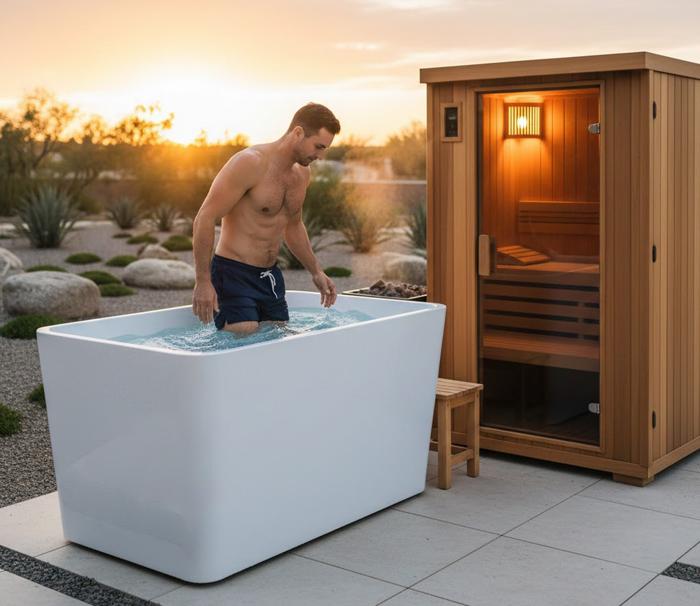 Man stepping into a cold plunge, next to a personal wood sauna