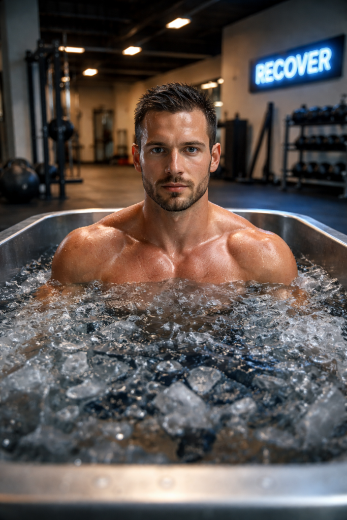 Athlete Sitting in Cold Plunge with Ice