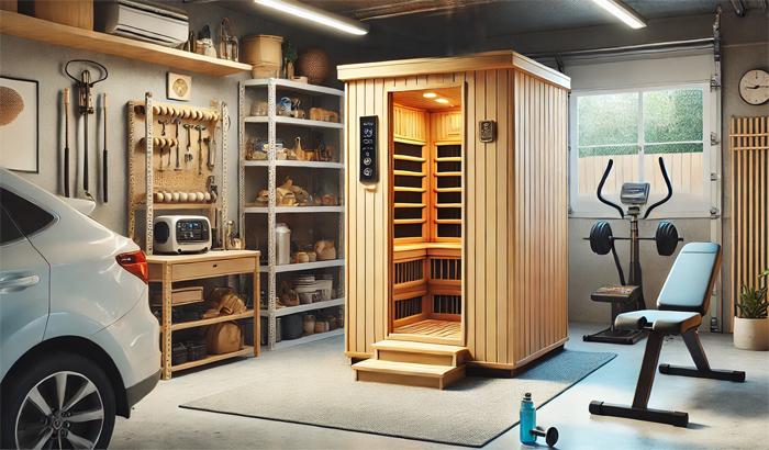 Sauna Set Up in Garage next to Workout Equipment