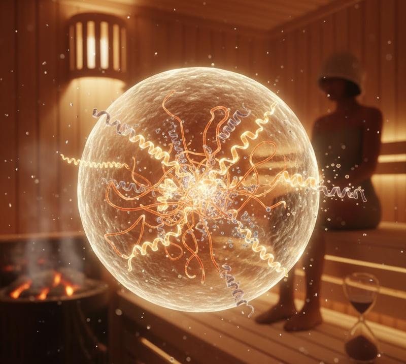 Heat Shock Protein Image Overlaying a Woman Sitting in a Sauna
