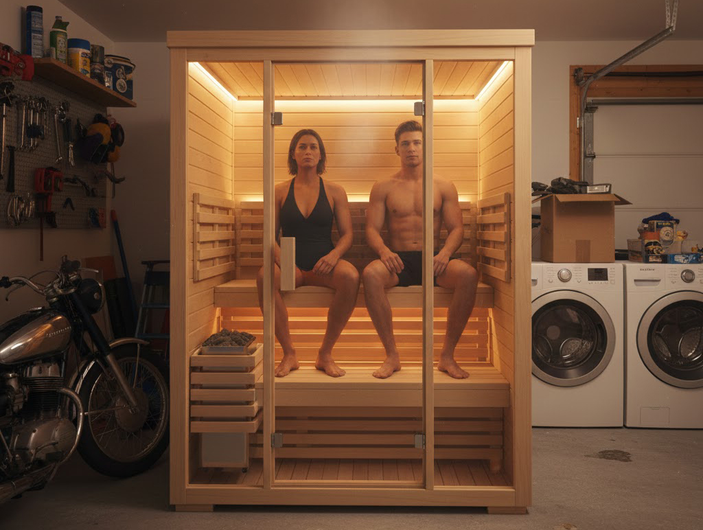 Two People Sitting in a Sauna in a Garage
