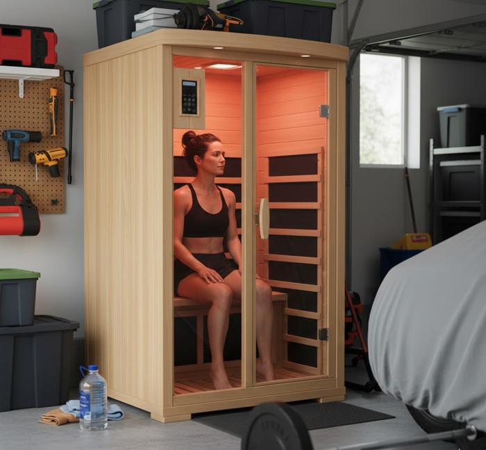 Woman sweating in garage sauna