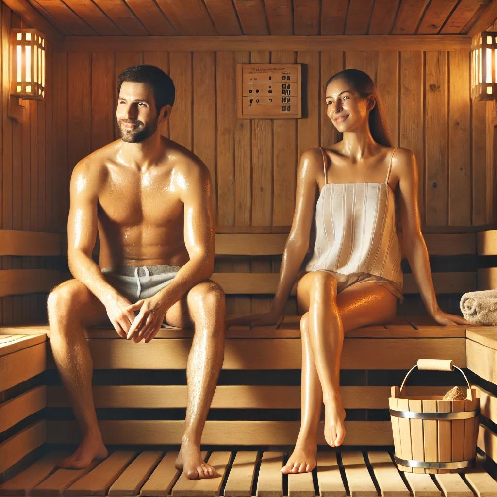 Couple Sitting in a Sauna Sweating