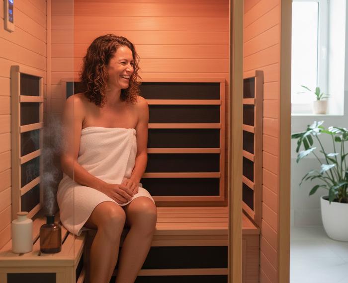 Woman Sitting in Home Sauna